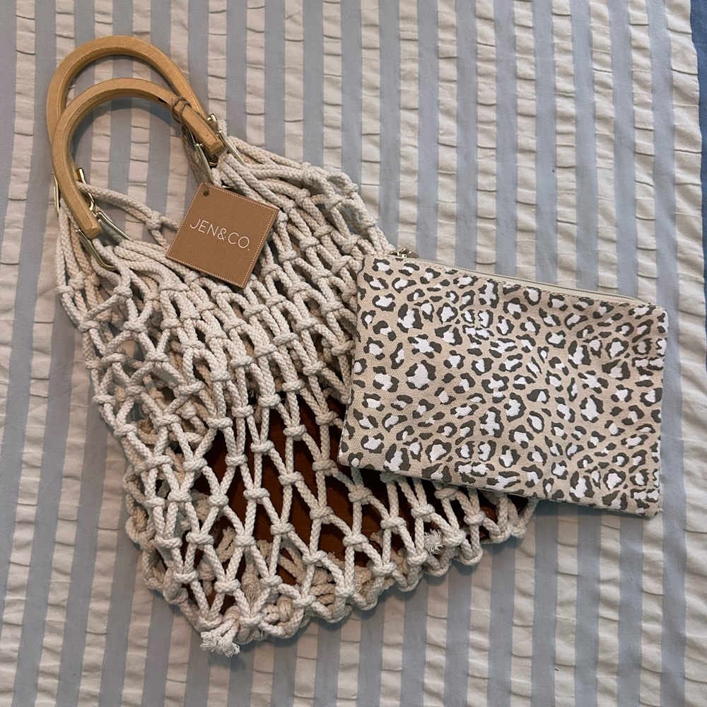 NWT Jen & Co open net rope tote bag natural w/ wood handles & zip pouch